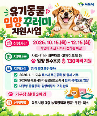 목포시  유기동물 입양 꾸러미 지원사업  신청기간 2026. 10. 15.(목) ~ 12. 15.(화) 사업비 소진 시까지 선착순 마감  지원내용 사료·간식·배변패드·고양이모래 등 입양 필수용품 총 130마리 지원  지원대상 (아래 조건 모두 충족) ✓ 2026. 1. 1. 이후 목포시 주민등록 및 실제 거주 ✓ 2026년 목포시유기동물보호소에서 반려 목적으로 입양 ✓ 내장형 동물등록·입양예정자 교육 완료  가구당 최대 3마리  신청방법 목포시청 3층 농업정책과 방문·우편·팩스