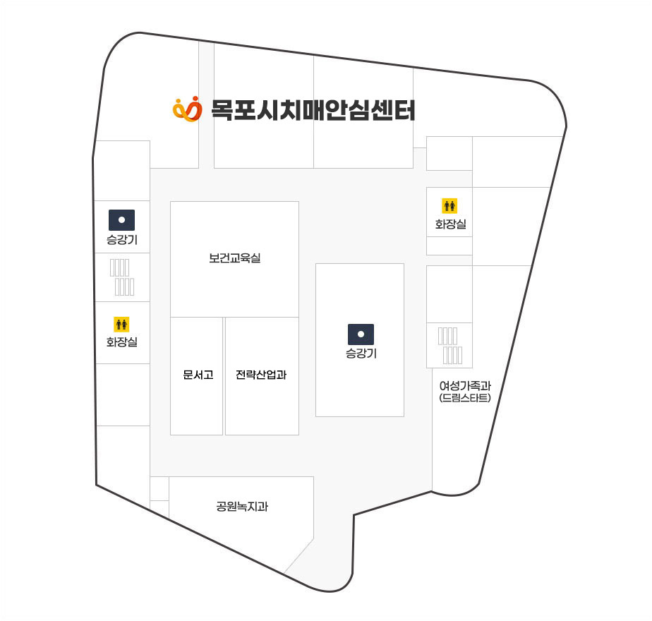 트윈스타 행정타운 3층 청사안내도로 북쪽에는 목포시치매안심센터 위치해있으며 서쪽에 승강기, 계단, 화장실이 위치해있으며 가운데는 보건교육실, 문서고, 전략산업과, 승강기, 동쪽에는 화장실, 계단, 여성가족과 (드림스타트), 남쪽에 공원녹지과가 위치해있다.